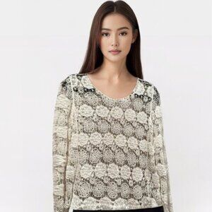 Acemi Top crochet white lace  vintage look long sleeve top Sz L